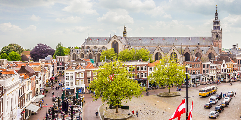 Marketplace with restaurants and a gothic church