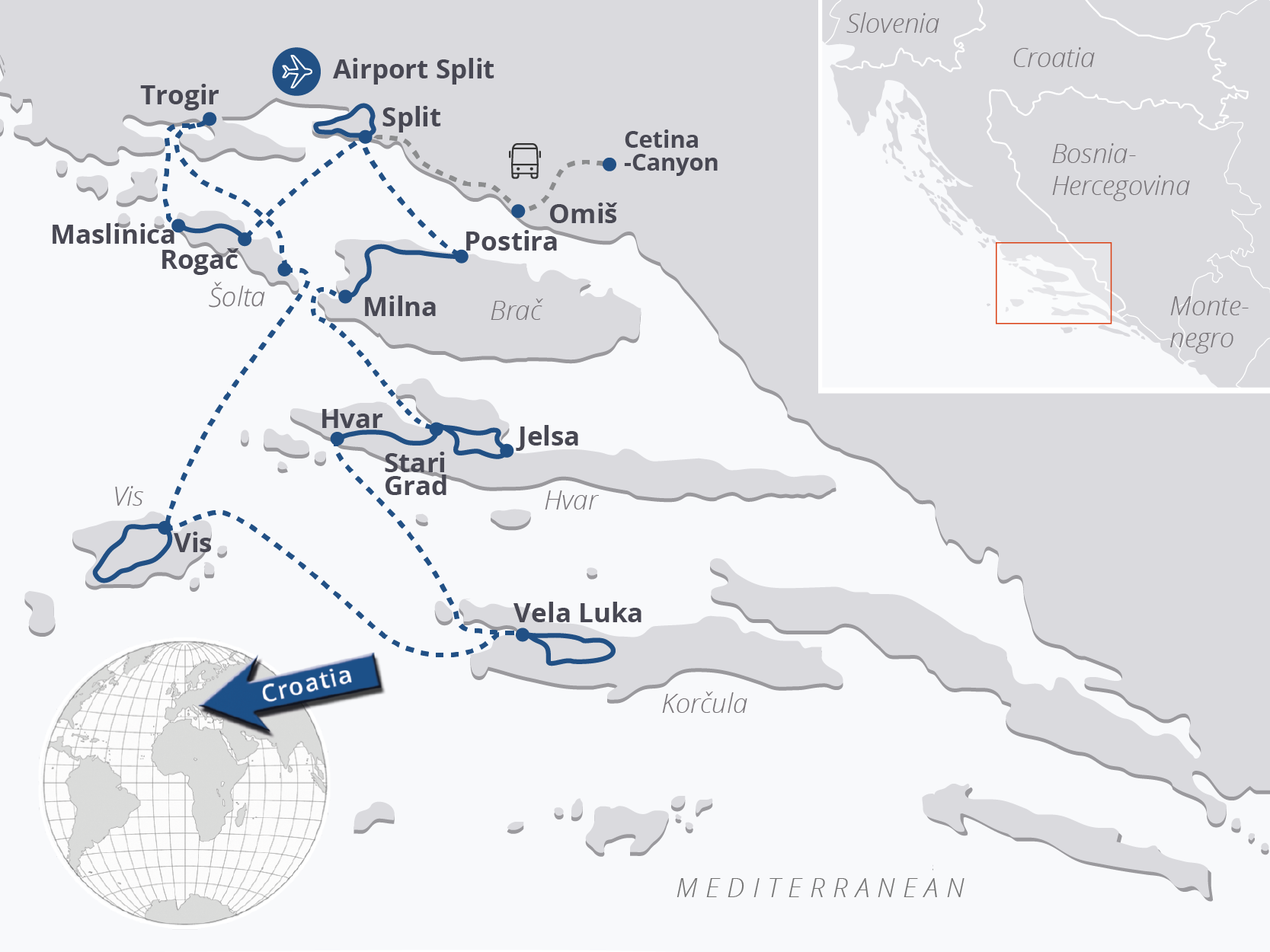 Croatia: Map of Southern Dalmatia and islands