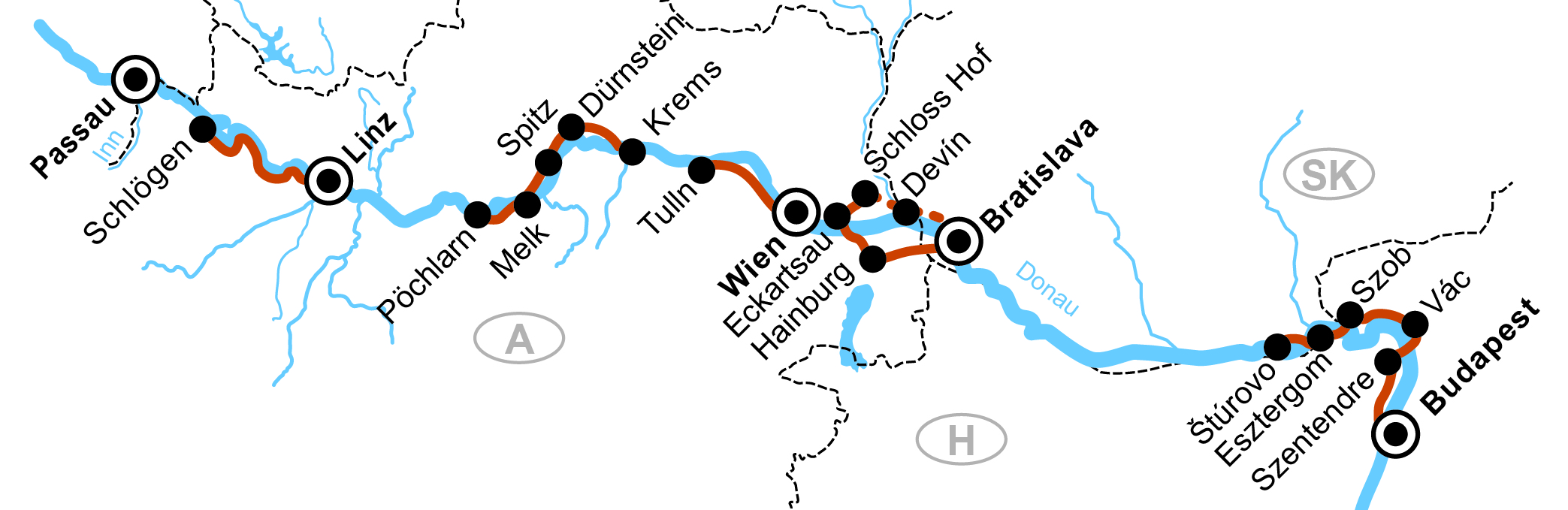 Map of a Bike-Route between Passau and Budapest