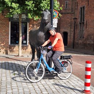 Cyclist next to a statue of a horse