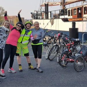 Happy guests in front of the sailing ship Leafde fan Frysan