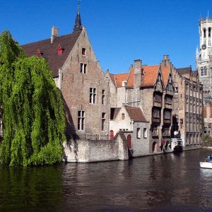 Bruges with a canal and a boat